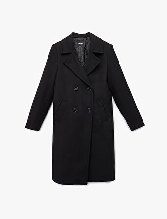 Uzun Kollu Düğmeli Kruvaze Kaşe Kaban