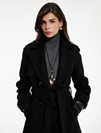  Uzun Kollu Cepli Düğmeli Kemerli Uzun Kruvaze Kaşe Kaban