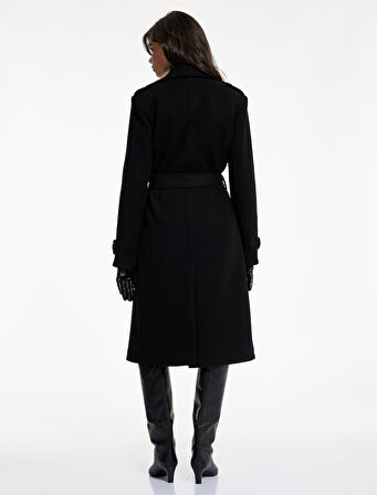  Uzun Kollu Cepli Düğmeli Kemerli Uzun Kruvaze Kaşe Kaban