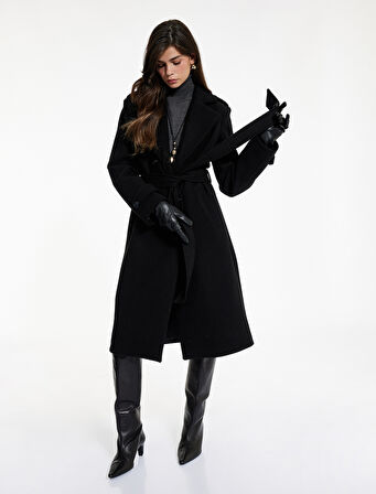  Uzun Kollu Cepli Düğmeli Kemerli Uzun Kruvaze Kaşe Kaban