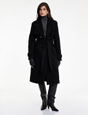  Uzun Kollu Cepli Düğmeli Kemerli Uzun Kruvaze Kaşe Kaban