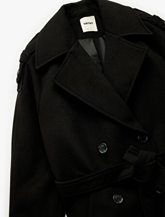 Uzun Kollu Cepli Kruvaze Düğmeli Kemerli Kaşe Kaban