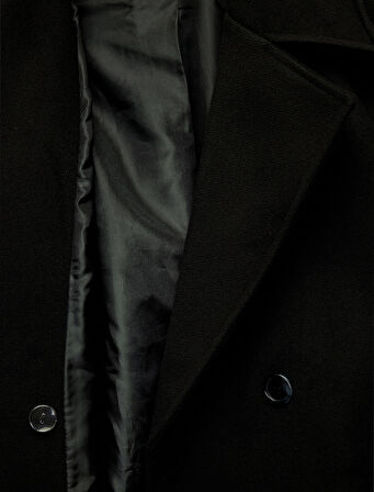 Uzun Kollu Cepli Kruvaze Düğmeli Kemerli Kaşe Kaban