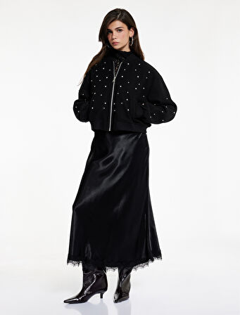 Uzun Kollu Cepli Kolej Yaka Fermuarlı Crop Taşlı Kaşe Bomber Ceket