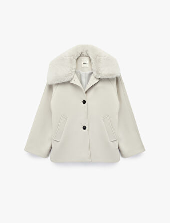 Uzun Kollu Cepli Düğmeli Çıkarılabilir Suni Kürk Yakalı Kaşe Kaban