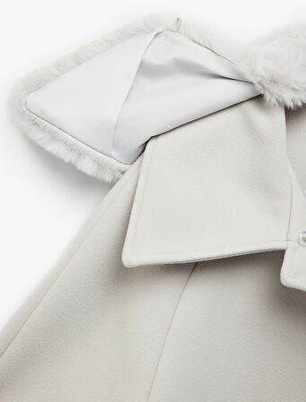 Uzun Kollu Cepli Düğmeli Çıkarılabilir Suni Kürk Yakalı Kaşe Kaban