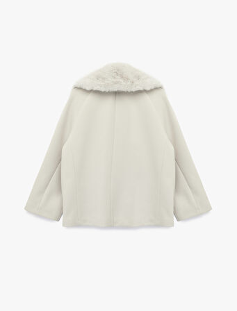 Uzun Kollu Cepli Düğmeli Çıkarılabilir Suni Kürk Yakalı Kaşe Kaban