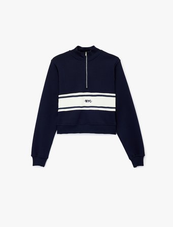 Şardonlu Kolej Temalı Uzun Kollu Dik Yaka Yarım Fermuarlı Crop Sweatshirt