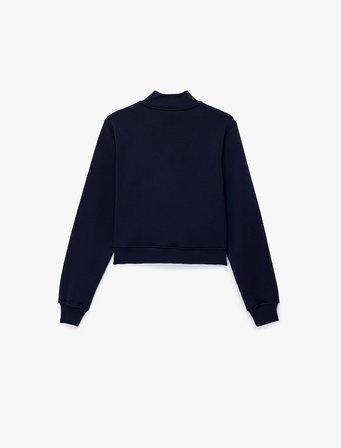 Şardonlu Kolej Temalı Uzun Kollu Dik Yaka Yarım Fermuarlı Crop Sweatshirt