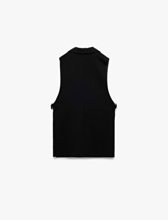 Krep Kumaş Aksesuarlı Yandan Pencere Detaylı V Yaka Düğmeli  Uzun Yelek