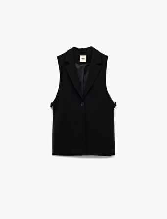 Krep Kumaş Aksesuarlı Yandan Pencere Detaylı V Yaka Düğmeli  Uzun Yelek