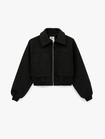 Fermuarlı Uzun Kollu Crop Bomber Kaşe Ceket