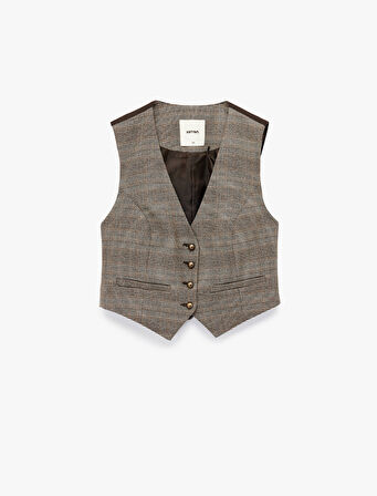 Slim Fit Düğmeli V Yaka Crop Ekose Blazer Yelek