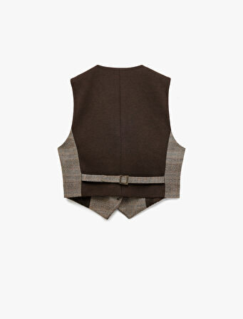 Slim Fit Düğmeli V Yaka Crop Ekose Blazer Yelek