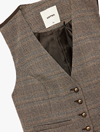 Slim Fit Düğmeli V Yaka Crop Ekose Blazer Yelek