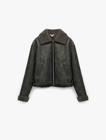 Uzun Kollu Fermuarlı Crop Peluş Yaka Süet Görünümlü Biker Ceket