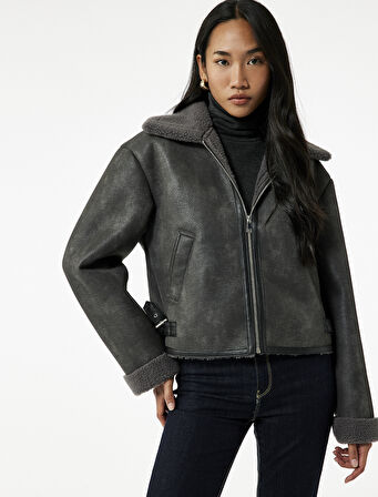 Uzun Kollu Fermuarlı Crop Peluş Yaka Süet Görünümlü Biker Ceket