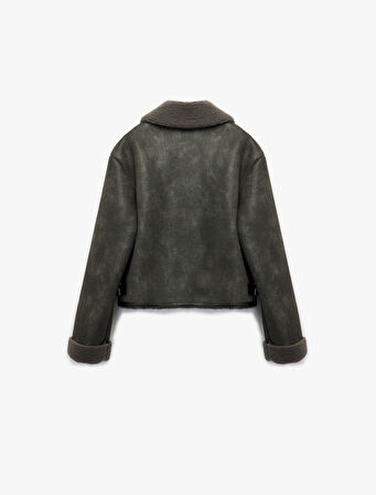 Uzun Kollu Fermuarlı Crop Peluş Yaka Süet Görünümlü Biker Ceket