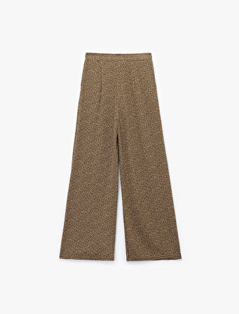 Cepli Pile Detaylı Desenli Geniş Paça Palazzo Pantolon