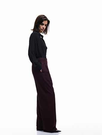 Pile Detaylı Yüksek Bel Geniş Paça Palazzo Pantolon