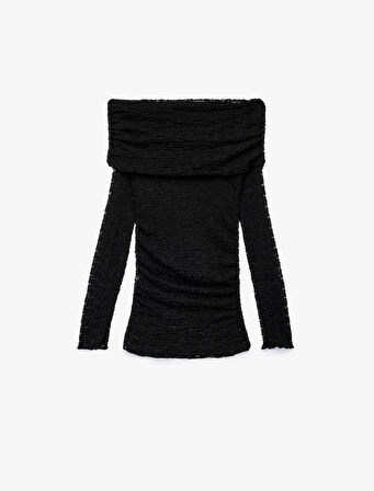 Yarı Transparan Drape Detaylı Uzun Kollu Açık Omuz Dantelli Bluz