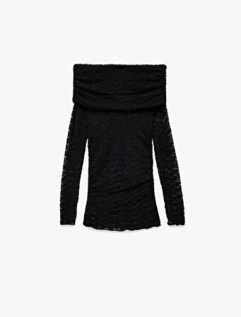 Yarı Transparan Drape Detaylı Uzun Kollu Açık Omuz Dantelli Bluz