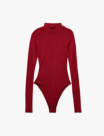 Viskon Kumaş Slim Fit Uzun Kollu Dik Yaka Bodysuit