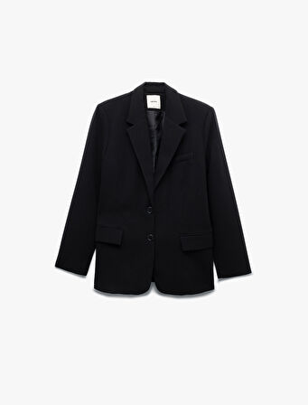 Krep Kumaş Cepli Düğmeli Uzun Kollu Kruvaze Oversize Blazer Ceket