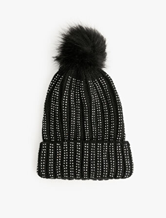 Suni Peluş Detaylı Taşlı Triko Bere