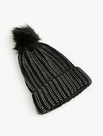 Suni Peluş Detaylı Taşlı Triko Bere