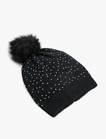 Ponpon Detaylı Katlı Triko Taşlı Bere