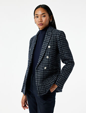 Kruvaze Yaka Cepli Uzun Kollu Ekose Tüvit Kısa Blazer Ceket