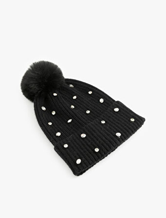 Suni Peluş Detaylı Taşlı Triko Bere