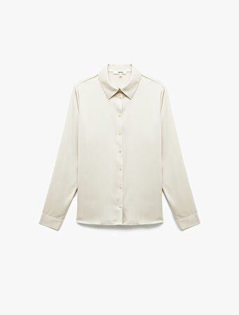 Klasik Yaka Düğmeli Uzun Kollu Saten Gömlek