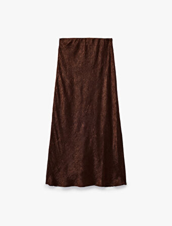 Slim Fit Balık Kesim Dokulu Midi Saten Etek