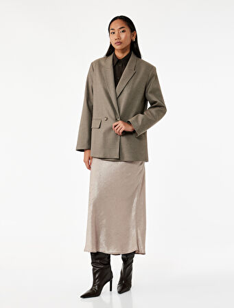 Slim Fit Balık Kesim Dokulu Midi Saten Etek