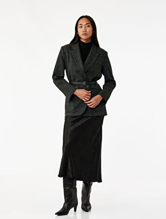 Slim Fit Balık Kesim Dokulu Midi Saten Etek