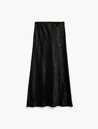 Slim Fit Balık Kesim Dokulu Midi Saten Etek