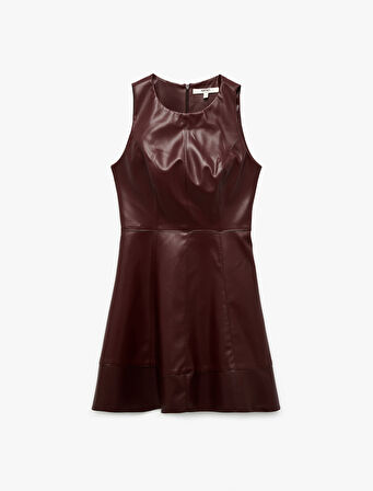 Kolsuz Bisiklet Yaka A Kesim Suni Deri Mini Elbise