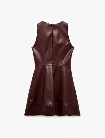 Kolsuz Bisiklet Yaka A Kesim Suni Deri Mini Elbise