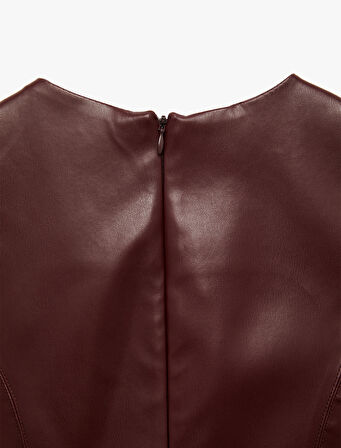 Kolsuz Bisiklet Yaka A Kesim Suni Deri Mini Elbise