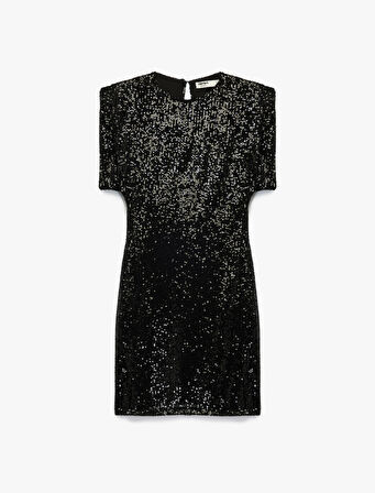 Slim Fit Kısa Yarasa Kollu Bisiklet Yaka Payetli Mini Elbise
