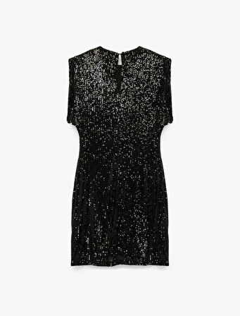 Slim Fit Kısa Yarasa Kollu Bisiklet Yaka Payetli Mini Elbise