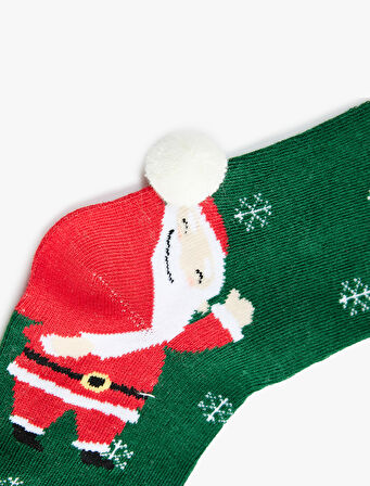 Yılbaşı Temalı Ponpon Detaylı Pamuklu Soket Çorap