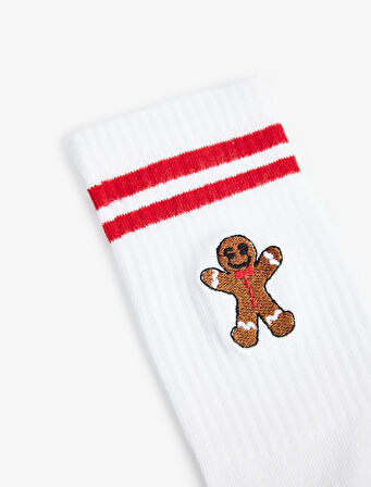 Yılbaşı Temalı İşlemeli Çizgi Detaylı Tenis Çorabı