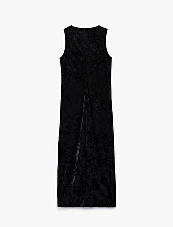 Midi Boy Kolsuz Yuvarlak Yaka Kadife Elbise