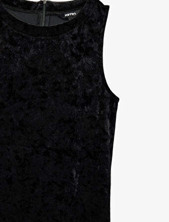 Midi Boy Kolsuz Yuvarlak Yaka Kadife Elbise