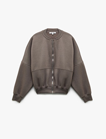 Üç İplik Şardonlu Uzun Kollu Fermuarlı Bomber Yaka Sweatshirt