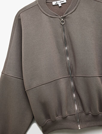 Üç İplik Şardonlu Uzun Kollu Fermuarlı Bomber Yaka Sweatshirt