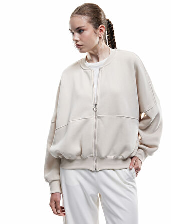 Üç İplik Şardonlu Uzun Kollu Fermuarlı Bomber Yaka Sweatshirt